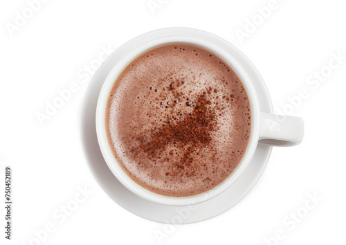 Top-down view of traditional champurrado in a white cup isolated on a white background with copy space. Beverage and Mexican cuisine concept for design and menu