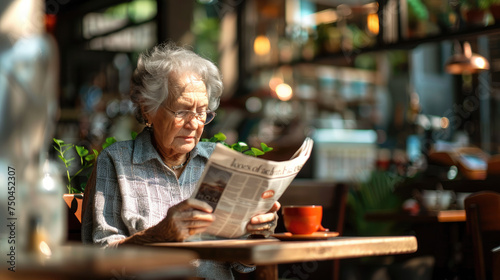 A old woman reading a newspaper  with a coffee shop in the background