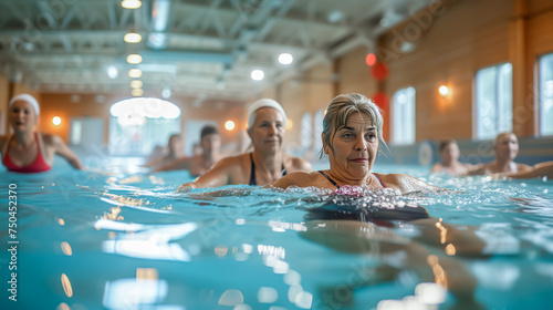 A group of vibrant and diverse mature women, ranging from different ethnicities and backgrounds, laughing and splashing in a crystal clear pool as they participate in an aqua gym class