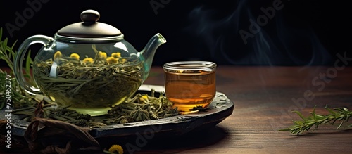 Refreshing Cannabis Herbal Tea Concept - Teapot with Green Tea and Glass Teapot