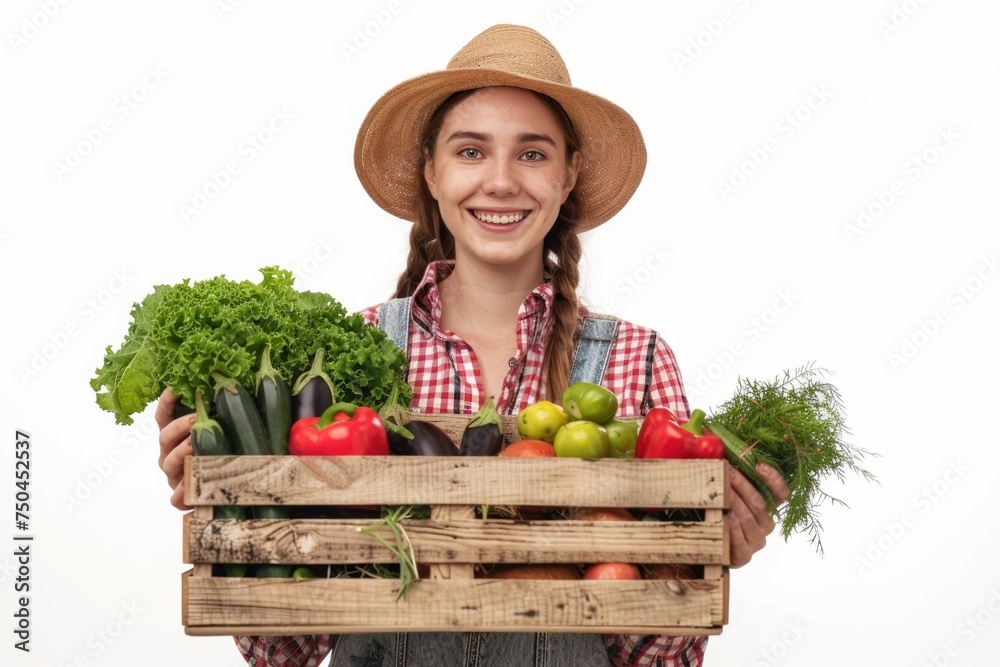 A woman in a hat holding a crate of fresh vegetables. Suitable for food and agriculture concepts