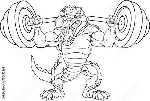 An alligator, crocodile or dinosaur weight lifting gym animal sports mascot lifting a barbell
