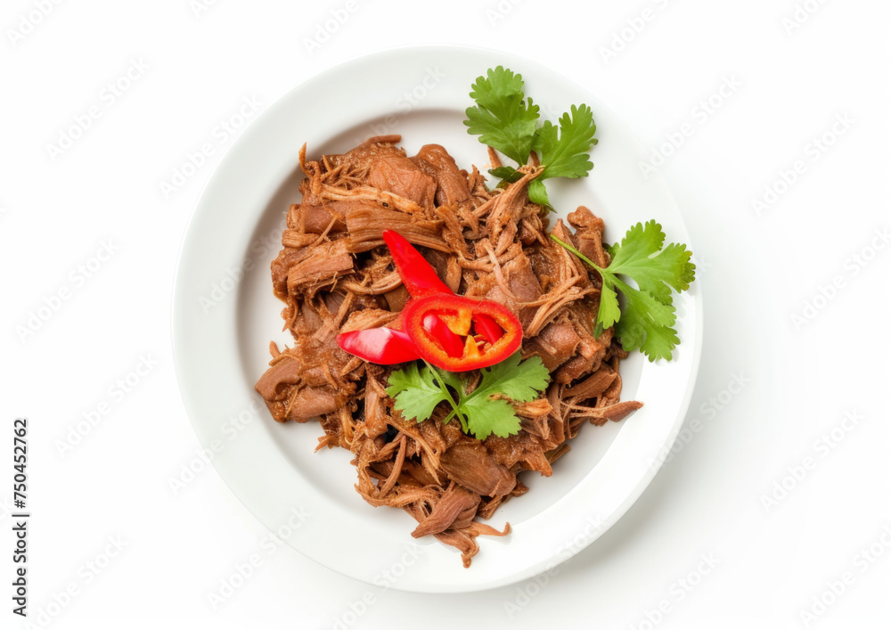 Ropa vieja, simply spread out on a plate, top-down view isolated on white background. Cuban cuisine concept. Design for food magazines and culinary websites Ropa vieja, simply spread out on a plate, top-down view isolated on white background. Cuban cuisine concept. Design for food magazines and culinary websites