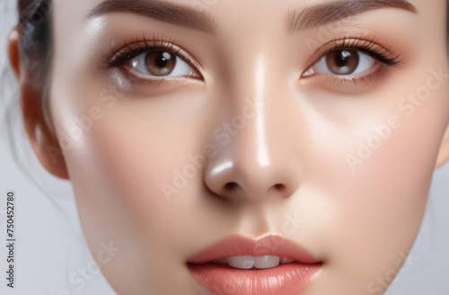 face of a beautiful Korean woman with clear skin, close-up. Advertising for facial skin care and beauty procedures