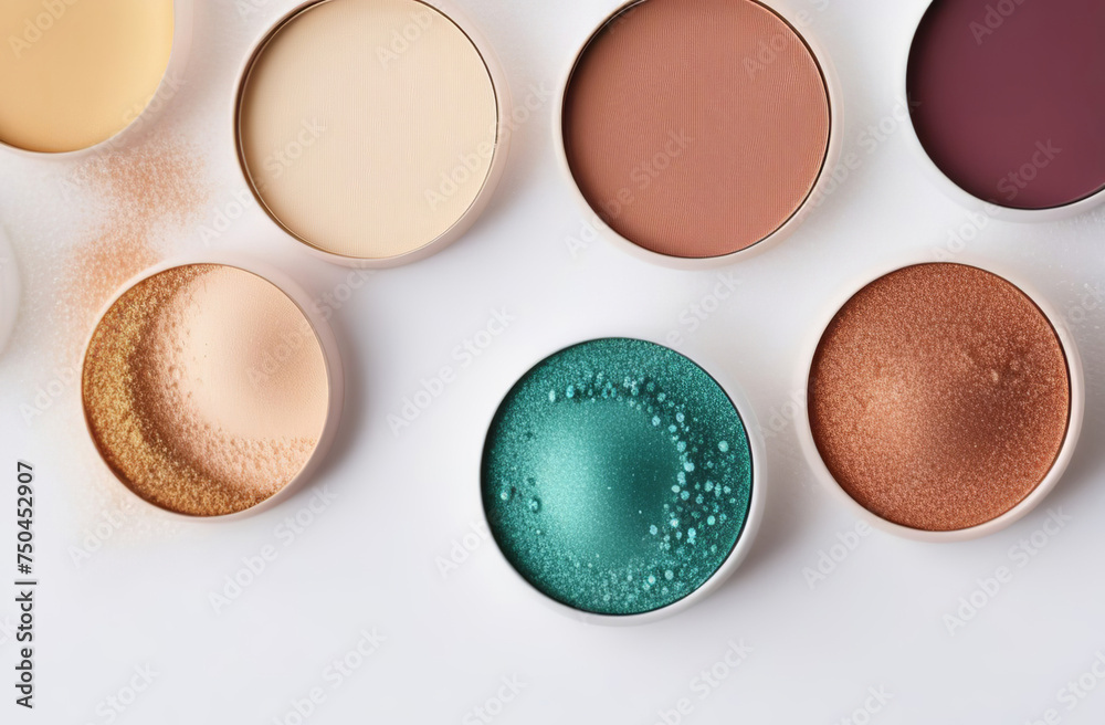 Eyeshadows set top view. Colorful eyeshadow texture swipe on a white. Cosmetic product swatch. Crushed eye shadows palette. Shiny and matte eye shadow smears. Girly concept. Beauty brand. Fashion blog Eyeshadows set top view. Colorful eyeshadow texture swipe on a white. Cosmetic product swatch. Crushed eye shadows palette. Shiny and matte eye shadow smears. Girly concept. Beauty brand. Fashion blog