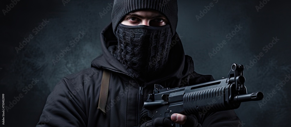 Dangerous Criminal in Balaclava Holding Gun with Intense Eyes Contact