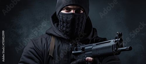 Obraz na płótnie Dangerous Criminal in Balaclava Holding Gun with Intense Eyes Contact w salonie
