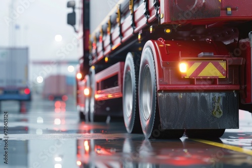 Large red truck driving on wet street, suitable for transportation concepts