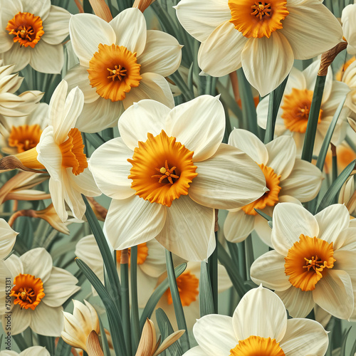 daffod flower pattern, frameless pattern to enlarge and use as graphic element like background, tiles, ai generated photo