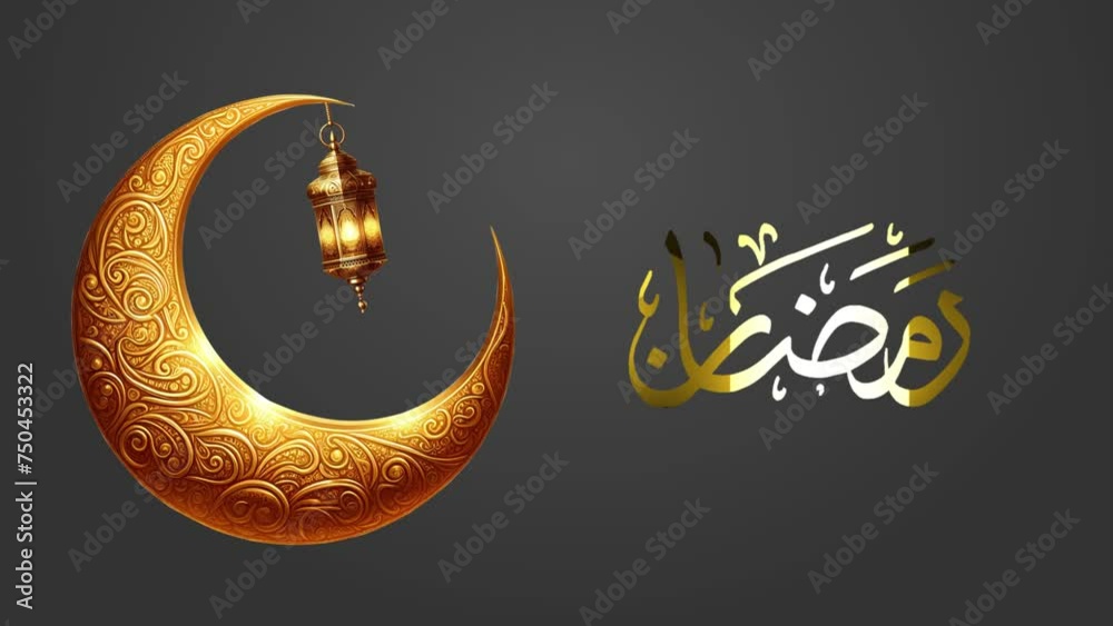 Beautiful golden crescent with lantern hanging in the center with golden shining of Ramadan in arabic calligraphy in dark background