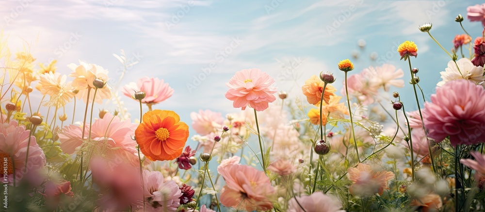Vibrant Wildflowers Blossoming in a Serene Natural Field under Bright Sunlight