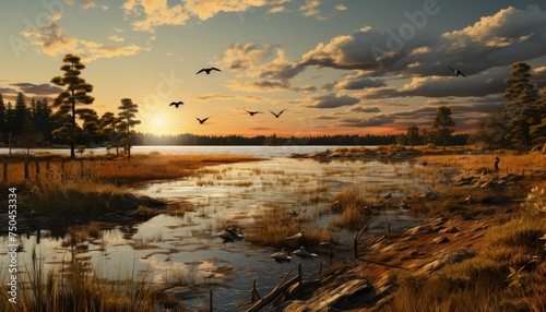 A calm marshland with birds and reeds