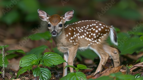 A graceful white deer roams among the green forest. The beauty of brown natural wildlife