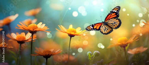 Colorful Butterfly Fluttering Above Blooming Flower Field in a Nature Paradise