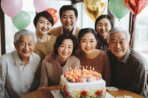 Group of Asian senior people having birthday party at home, celebrating birthday at retirement home with friends.