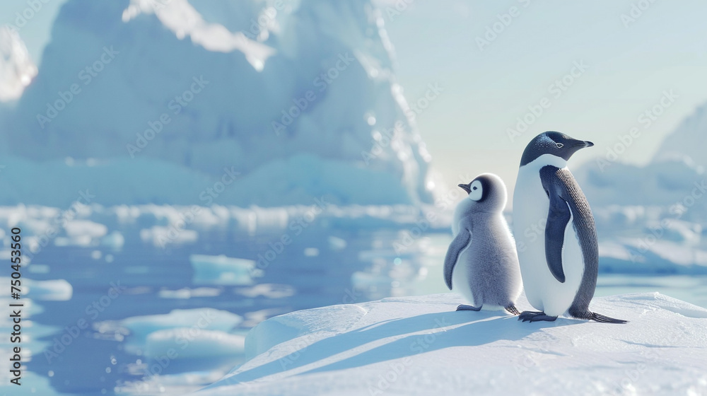 Obraz premium A family of penguins huddled together on an Antarctic ice shelf, enduring the cold winds.