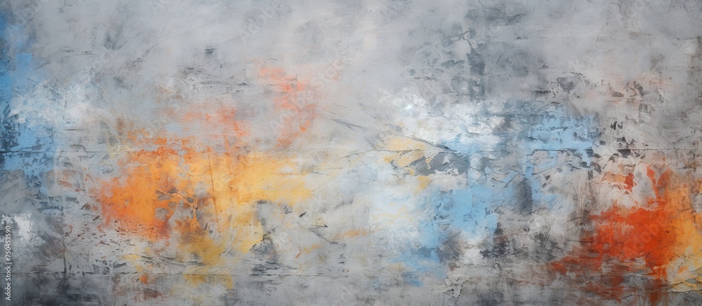 Vibrant Abstract Artwork Featuring Dynamic Orange and Blue Paint on Textured Concrete Wall