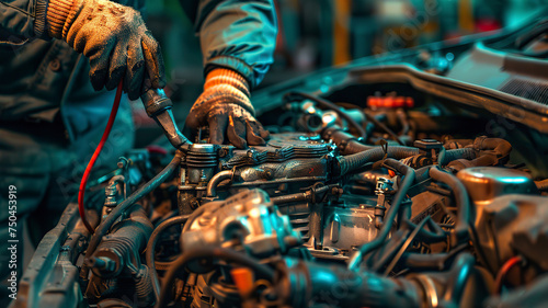 auto mechanic working in workshop, close up a car mechanic repairing car engine, service worker at the work