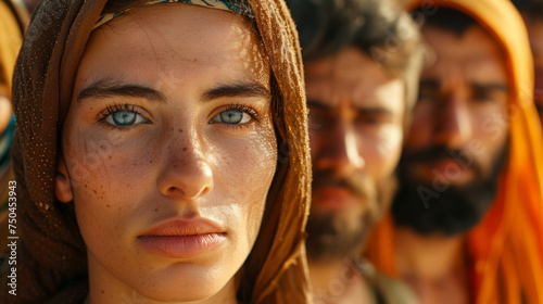 Close-up portrait of a woman with striking blue eyes and a headscarf  with an out-of-focus bearded man in the background. People human diversity