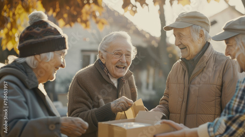 A group of senior donating to charity, with a community center in the background.