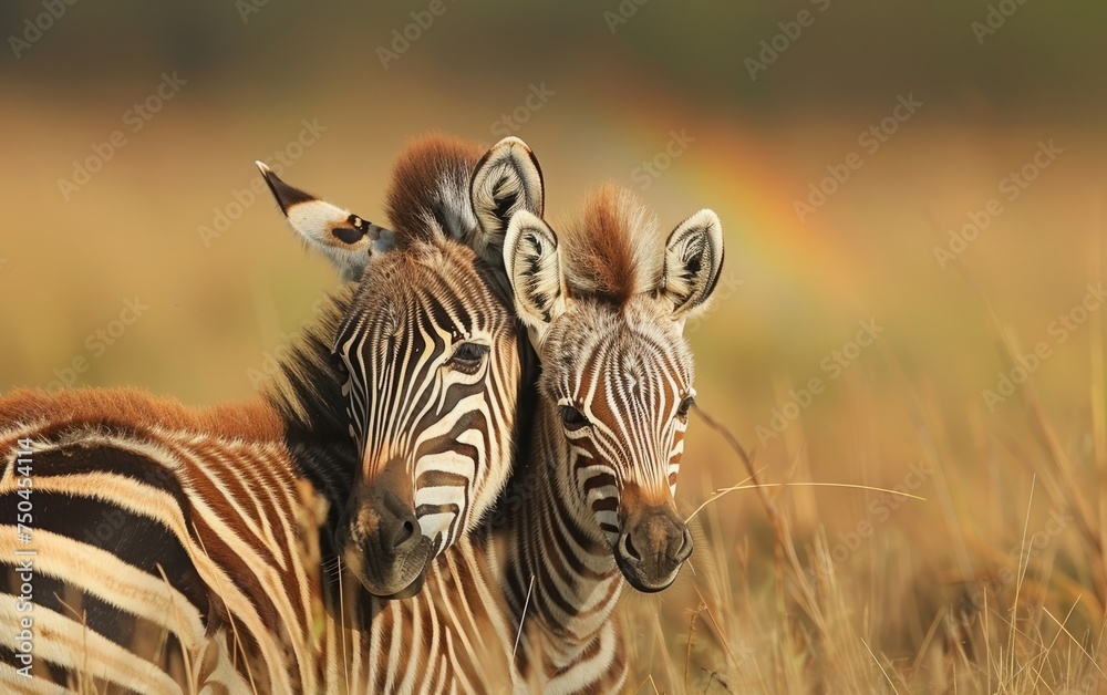 Naklejka premium A Zebra Foal Snuggles Beside an Adult Amidst Golden Light