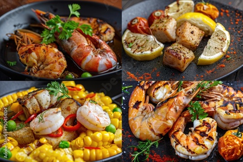 Delicious grilled shrimp and assorted vegetables on a plate. Perfect for food and cooking concepts