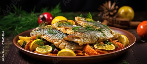 Exquisite Fried Carp Slices with Fresh Herbs and Colorful Vegetables on a Platter