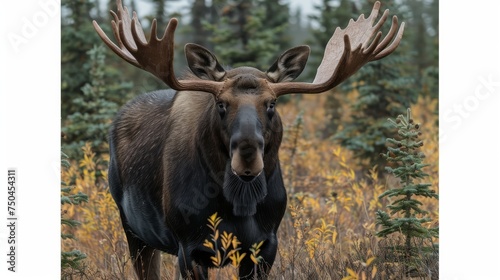 A graceful white deer roams among the green forest. The beauty of brown natural wildlife