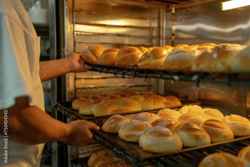 A man putting bread in the oven. Ideal for bakery or cooking concepts