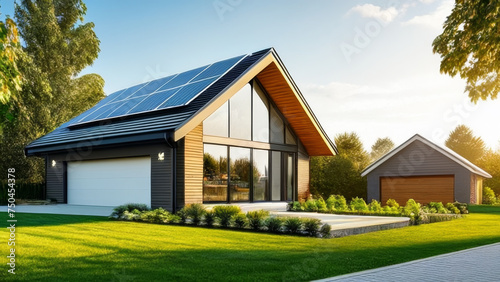 3d rendering of modern cozy house with solar panels on roof. © Steve