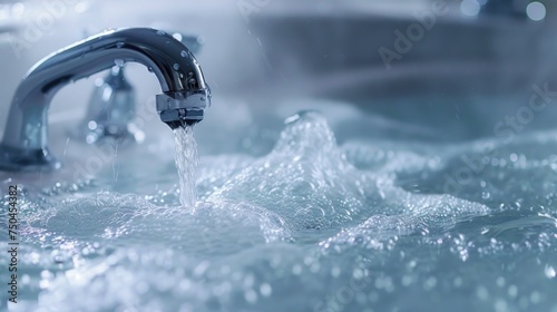 A close up of a faucet with water flowing out, suitable for plumbing concepts