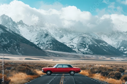 Red car standing on the road near mountains at daytime  © Straxer