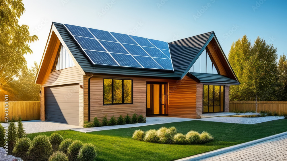 3d rendering of modern cozy house with solar panels on roof.
