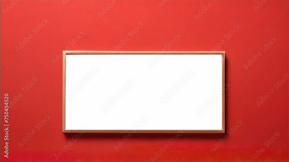 Blank space billboard with wooden frame, blank white signboard in stylish on empty red wall background, horizontal blank billboard for advertising placement.