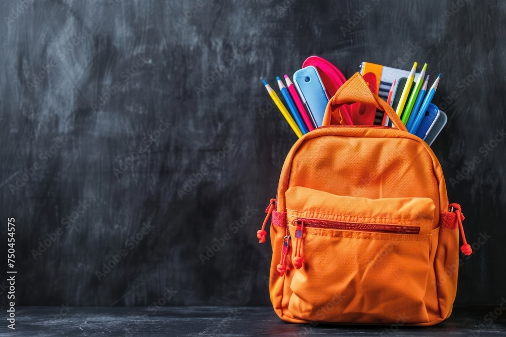 School bag. Backpack with supplies for school on the background of black blackboard. Copy space for text School bag. Backpack with supplies for school on the background of black blackboard. Copy space for text