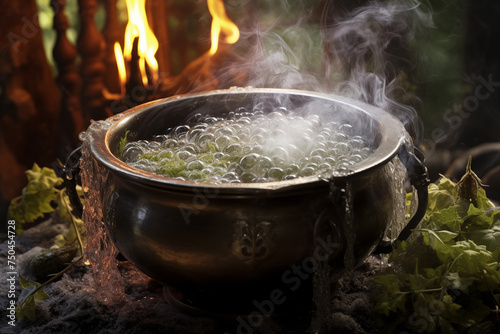 Ancient cauldron bubbles with a mystical potion among flames and smoke, suggesting magic