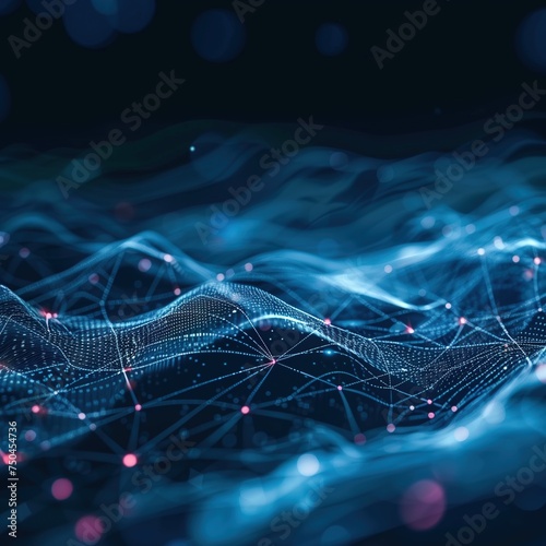 Blue background digital network connecting with moving lines and dots low-poly wireframe