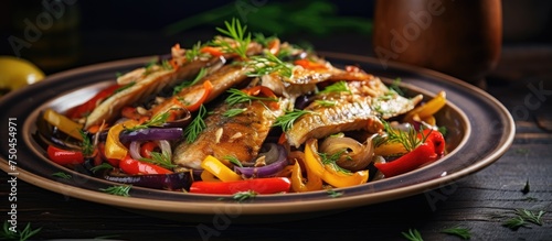 Delicious fried carp slices with vibrant herbs and fresh vegetables on a plate