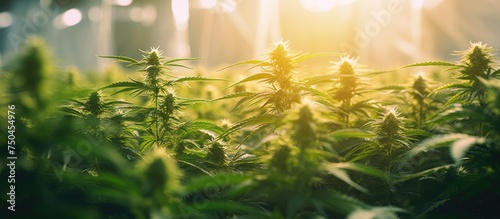 Sunlit Cannabis Field: Cultivation of Marijuana Plants in Greenhouses Under Glorious Sunshine
