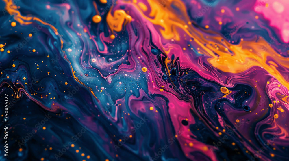 Vivid abstract painting with a mesmerizing swirl of colors, including deep blues, vibrant purples, and electrifying yellows, creating a dynamic and fluid visual texture.