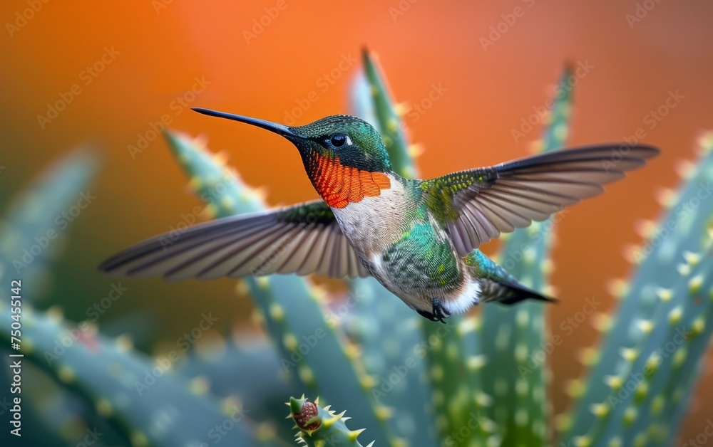 Fototapeta premium Dynamic Ruby Throated Hummingbird Suspended Over Aloe Flora