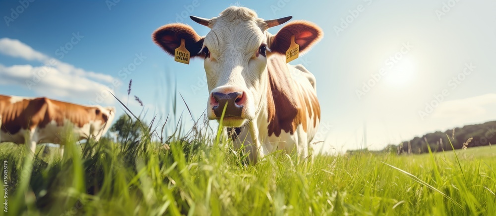 Grazing Cow at Peace in Lush Green Pasture under Clear Blue Sky - obrazy, fototapety, plakaty 