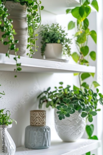 A shelf filled with various potted plants, ideal for home decor or gardening concepts