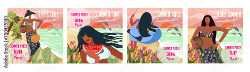 Collection, set of square invitation templates, posters, with summer seascape, ocean, with stylish girls, women for summer outdoor dance party. Vector illustration for advertising summer event.