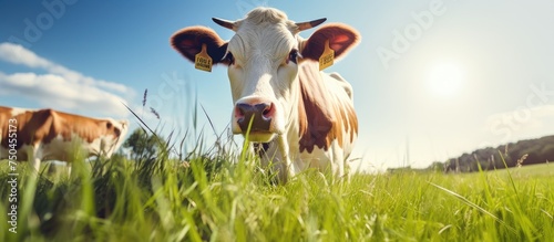 Grazing Cow at Peace in Lush Green Pasture under Clear Blue Sky photo