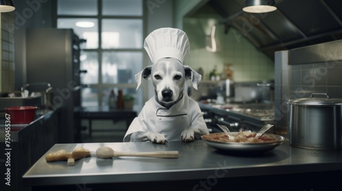 Dog chef cooks preparing food in restaurant kitchen. Animal chef