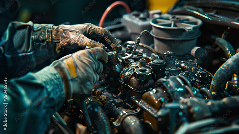 auto mechanic working in workshop, close up a car mechanic repairing car engine, service worker at the work - obrazy, fototapety, plakaty 