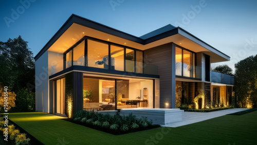 3d rendering of modern cozy house with pool and parking for sale or rent in luxurious style and beautiful landscaping on background. Clear summer night with many stars on the sky. © Steve