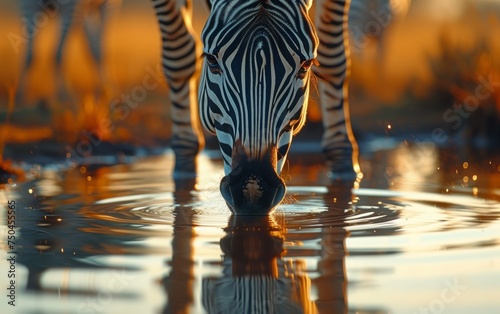 Zebra Quenching Its Thirst at a Watering Hole during Sunset, Featuring Reflections