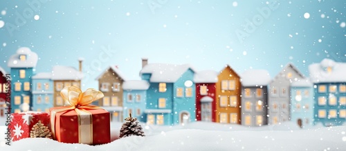Charming Winter Scene of Festive Town Square with Glittering Christmas Tree and Vibrant Gift Box